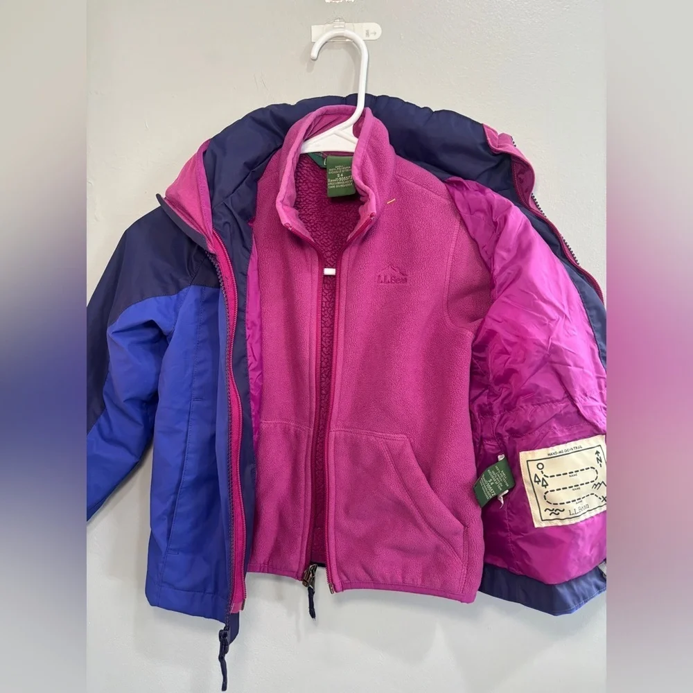 LL Bean Jacket Girls Size 4 Purple Pink 3 In 1 Fleece Lined Hooded Outdoor
